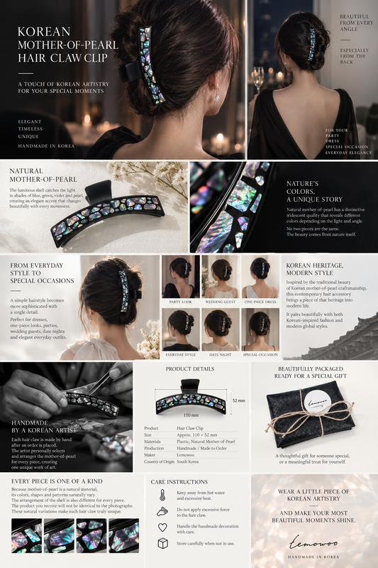 Korean mother-of-pearl hair claw styled with elegant dress and feminine updo