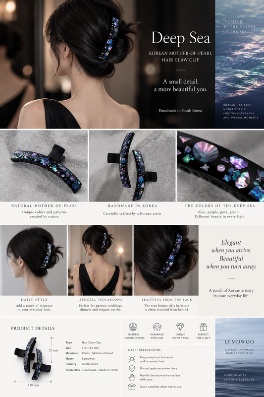 Elegant back view hairstyle with Korean mother-of-pearl Deep Sea hair claw