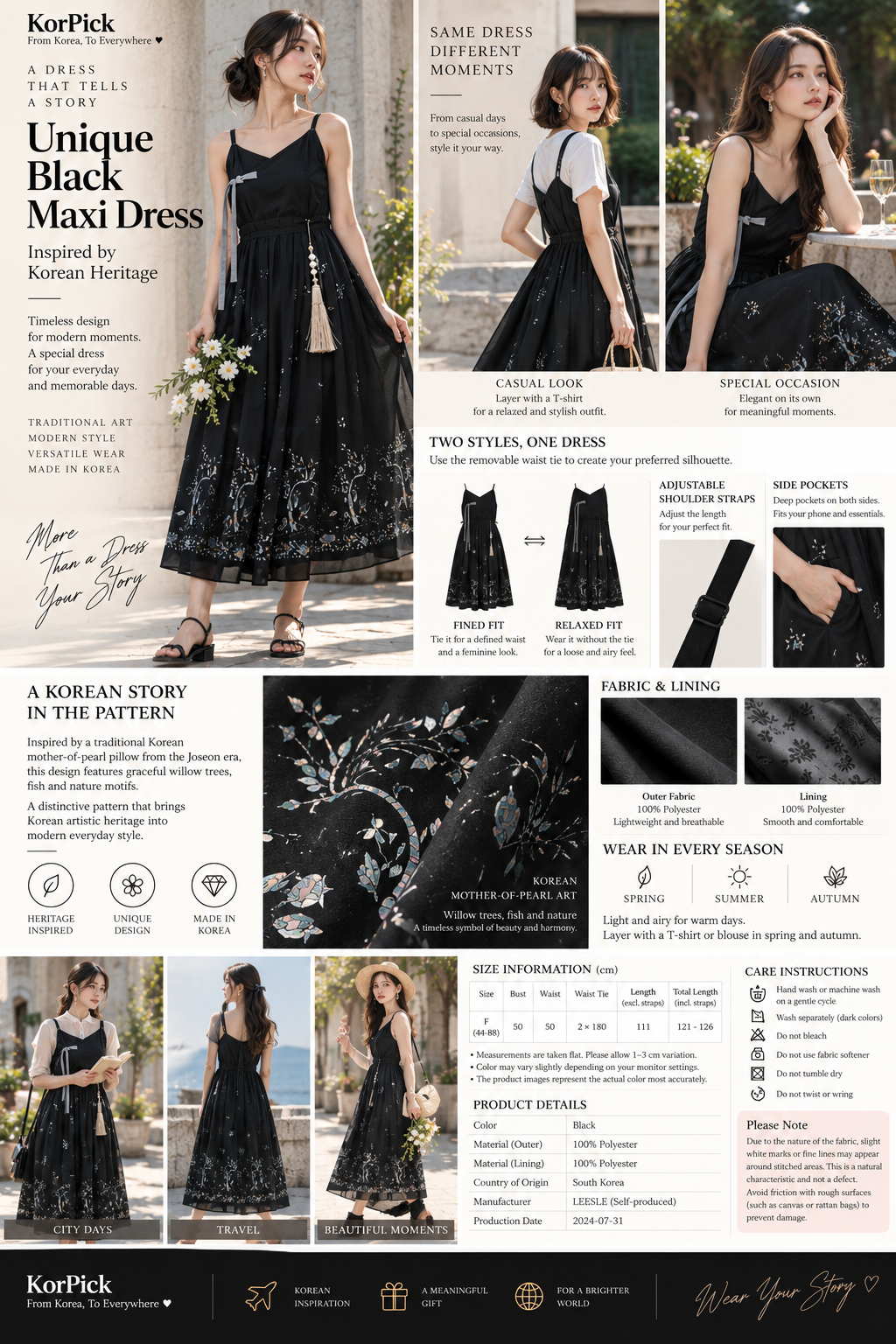 Side view of Korean-inspired black sleeveless maxi dress with adjustable waist tie
