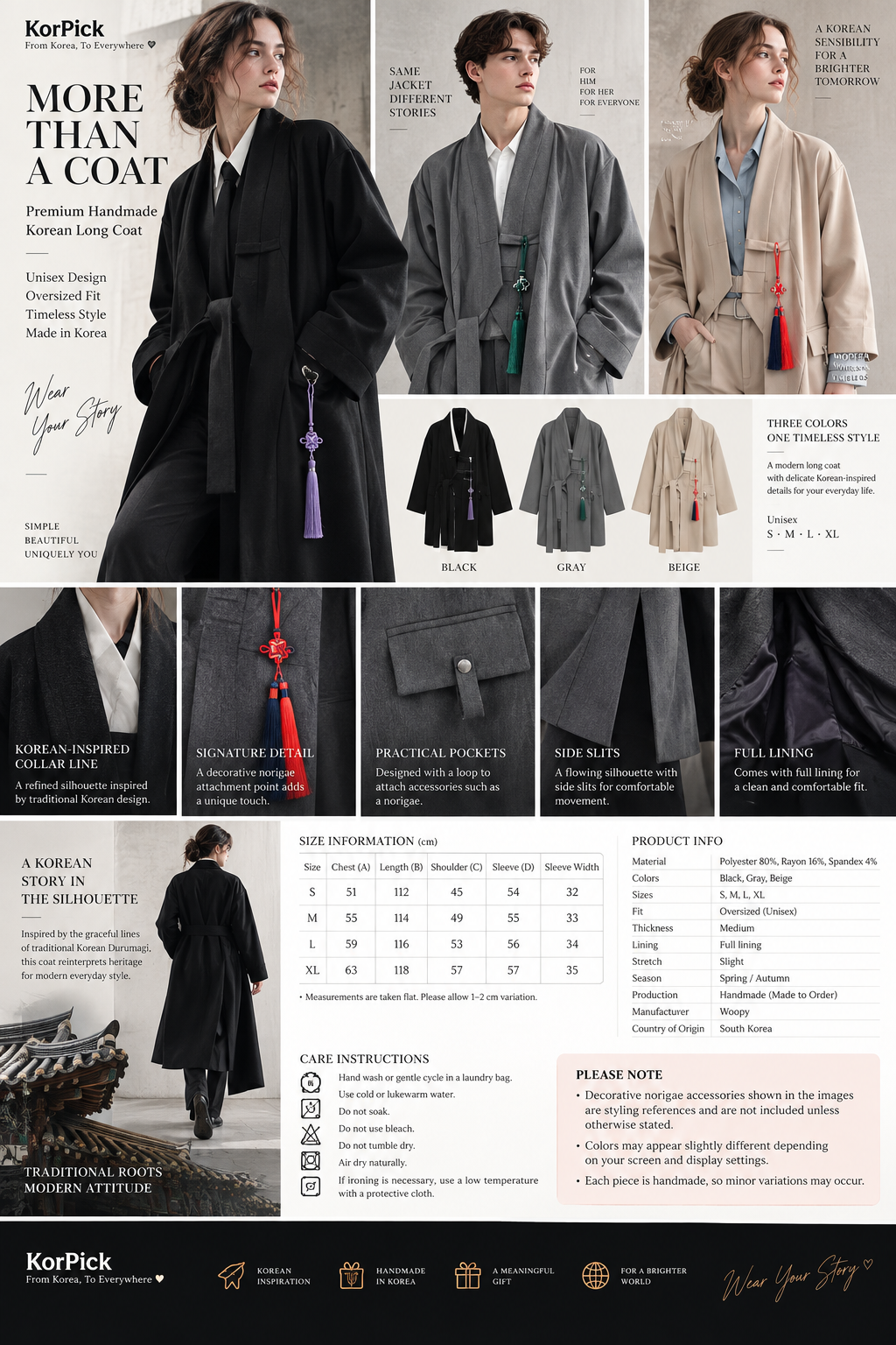 Premium handmade beige Korean long coat with elegant flowing silhouette