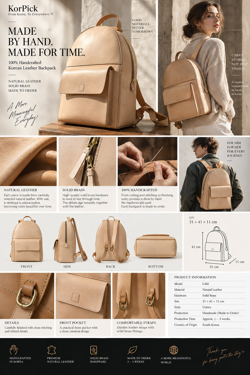 100% handcrafted Korean natural leather backpack with solid brass hardware