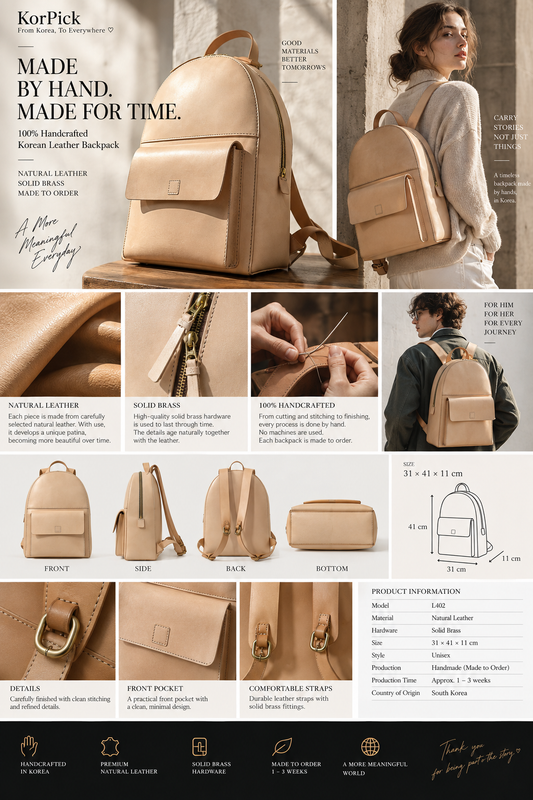100% handcrafted Korean natural leather backpack with solid brass hardware