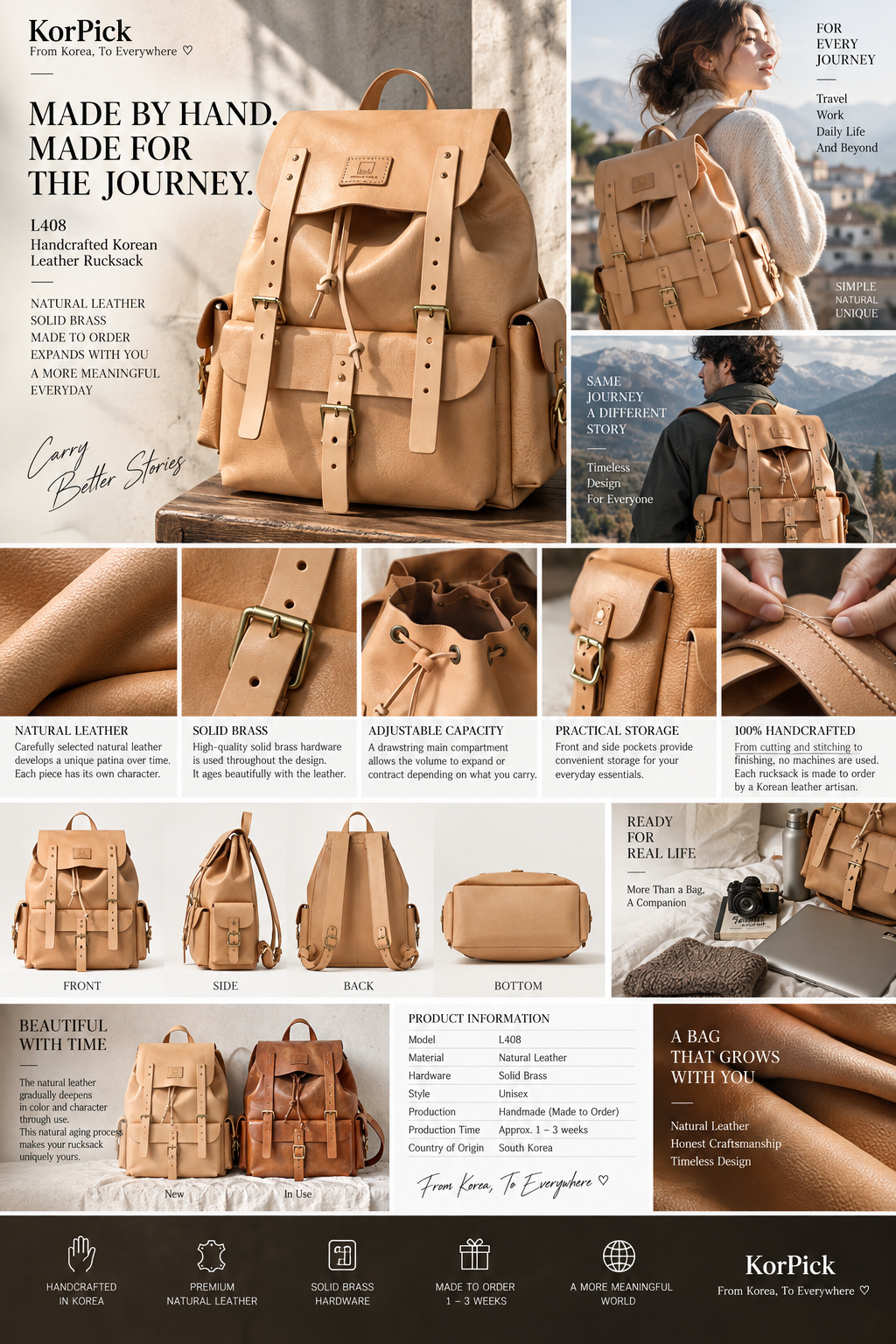 100% Handcrafted Korean Leather Rucksack L408 | Artisan Travel Backpack