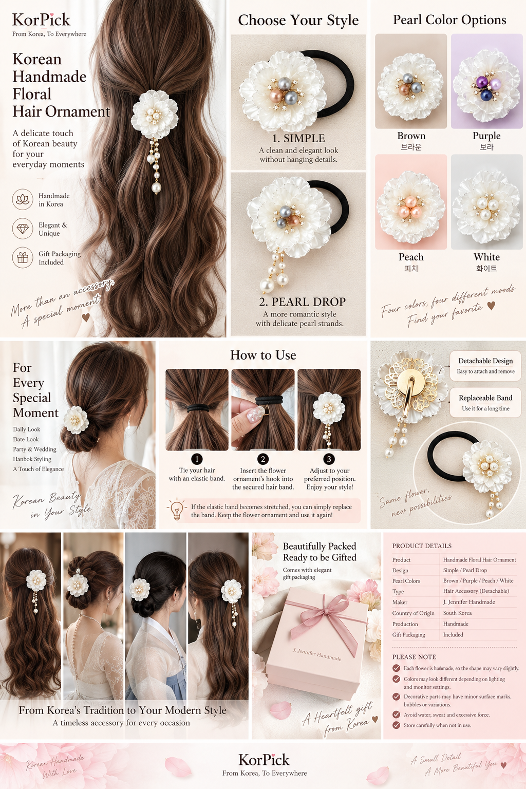 Handmade Korean ivory floral hair ornament with pearl drop detail worn in long hair