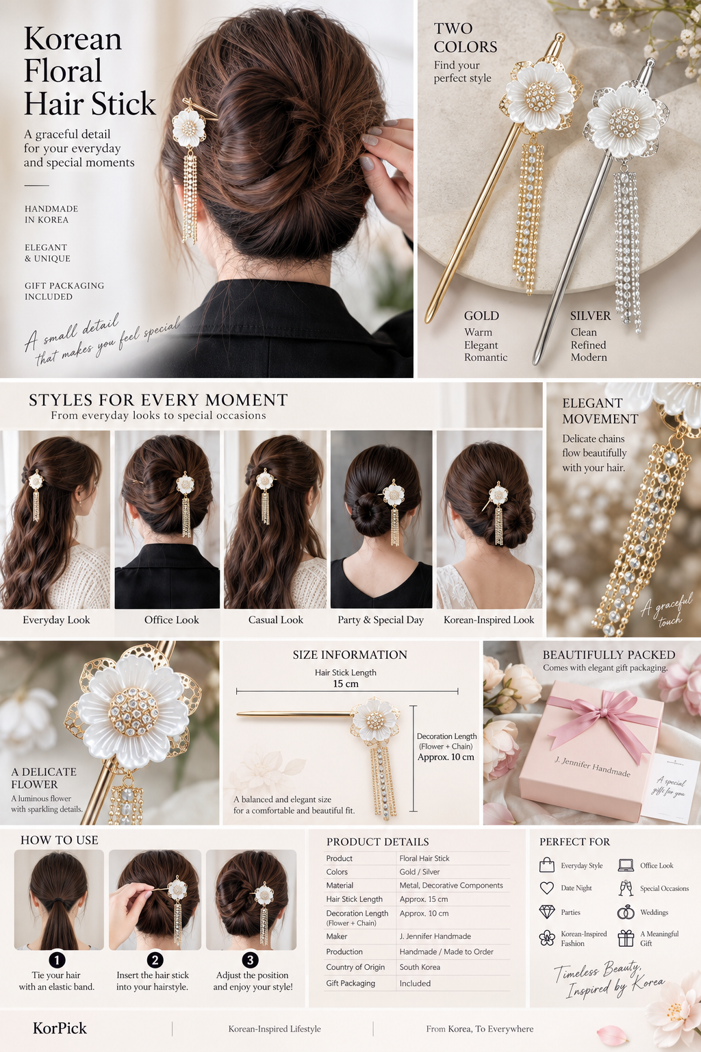 Korean floral hair stick styled with a feminine half-up hairstyle