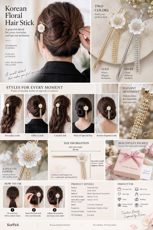 Korean floral hair stick styled with a feminine half-up hairstyle