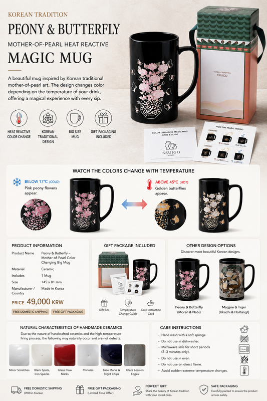 Mother-of-Pearl Color Changing Magic Mug – Korean Traditional Big Mug (Peony & Butterfly)