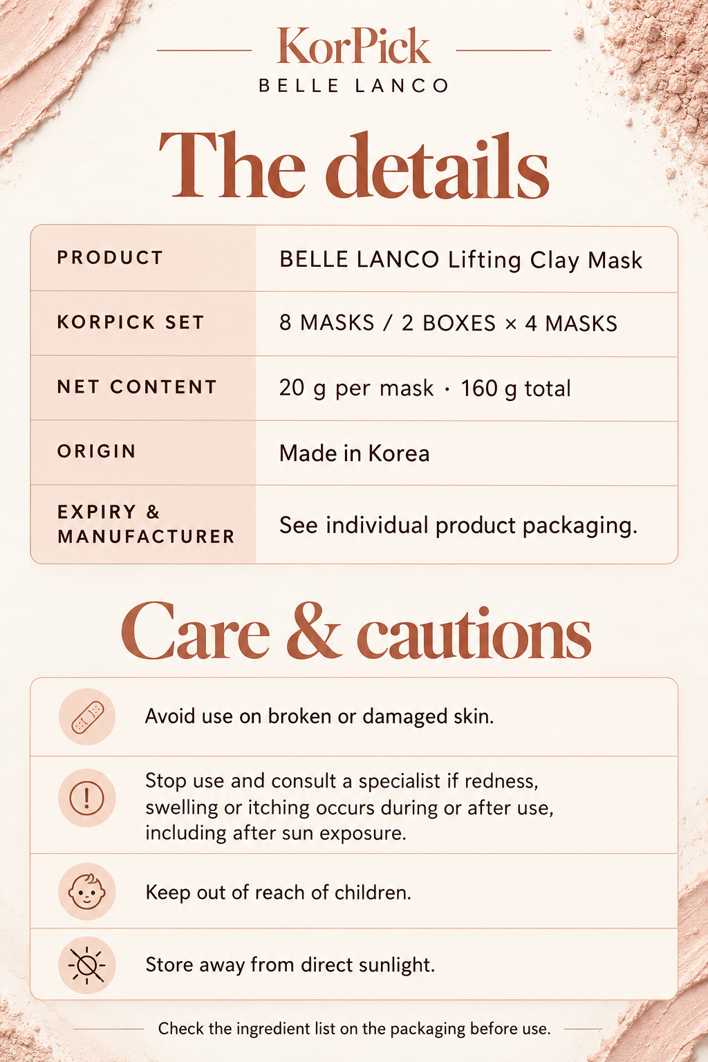 BELLELANCO Lifting Clay Mask 20g × 8 Masks | Korean Clay Sheet Mask