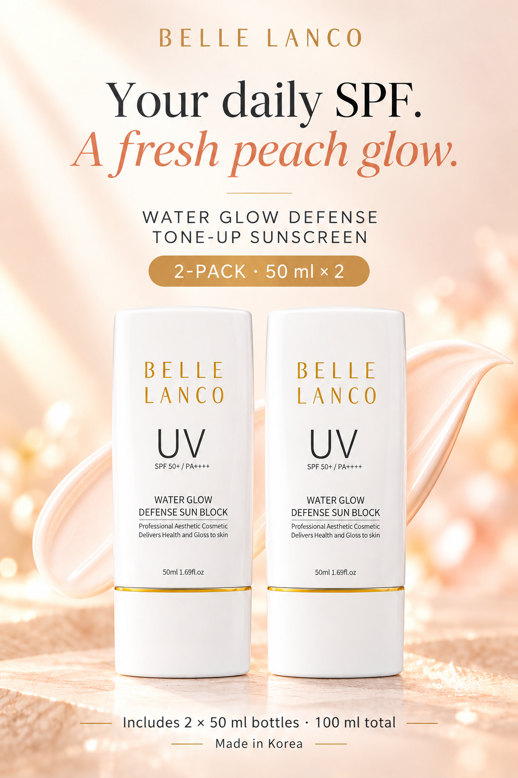 BELLE LANCO Water Glow Defense Tone-Up Sunscreen SPF50+ PA++++ 50ml × 2